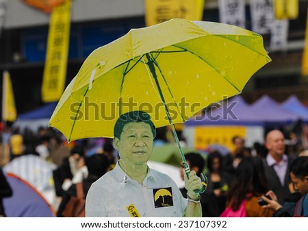 HONG KONG, DEC. 11. 2014: Chinese president Xi Jinping picture with umbrella among Pro-democracy supporters, at the Central district, as today is the last day of the protest.