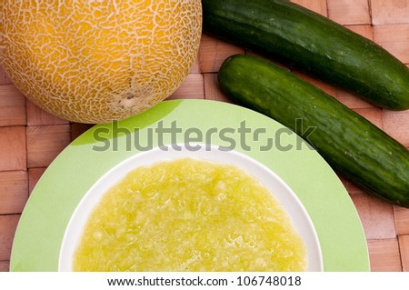 Cold soup in a plate with sugar melon and cucumber