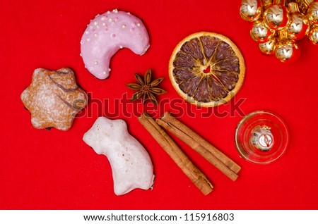 Christmas cookies with slice of orange, star anise and cinnamon sticks