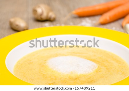 Foam of coconut milk on a carrot soup in a plate