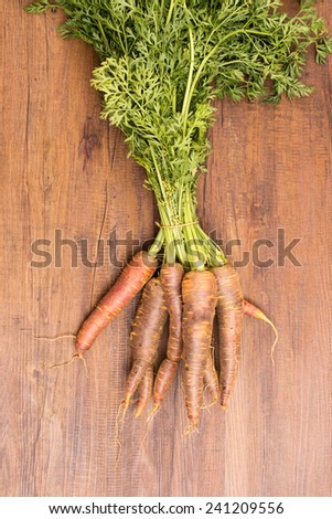 Old sort of carrots with green in vertical format