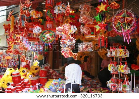 Hanoi,vietnam sep 23, 2015 : Traditional decorations in mid-autumn festival of Asia, they\'re sold a lot in the Hanoi\'s old quarter