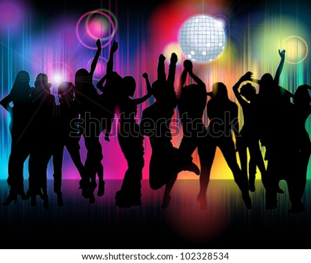 Vector illustration of colorful crowd of party people silhouettes background