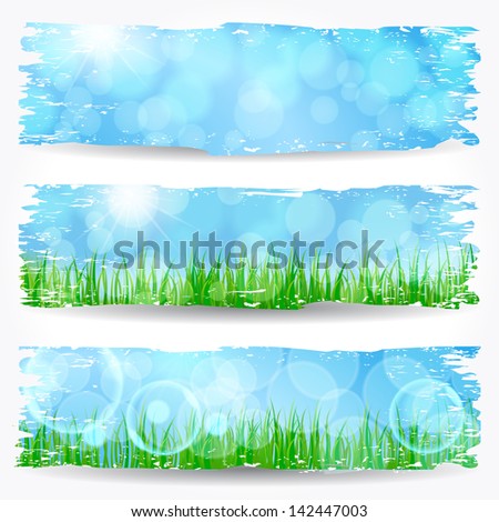Set of beautiful grungy spring and summer themed soft bokeh nature banner illustrations