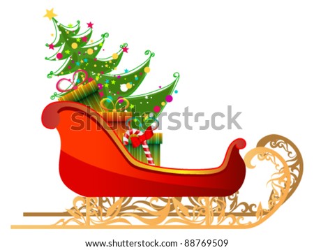 Vector beautiful cute detailed illustration of Santa's sleigh with gifts and Christmas tree Vector beautiful cute detailed illustration of Santa's sleigh with gifts and Christmas tree