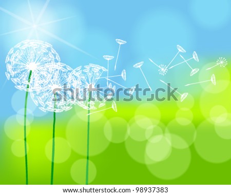 Vector illustration of beautiful green spring meadow with dandelions