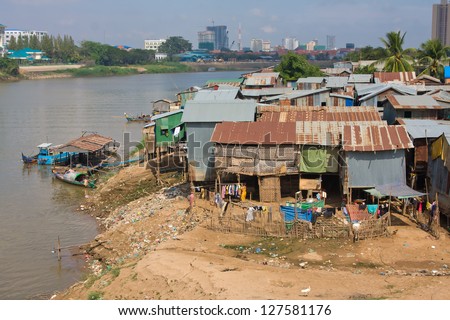 The poor area near the river in Phnom Penh, Cambodia