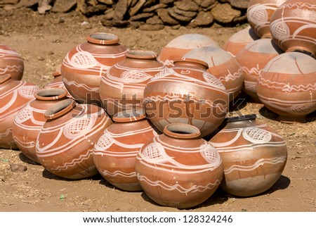 Indian clay pot in market outdoor