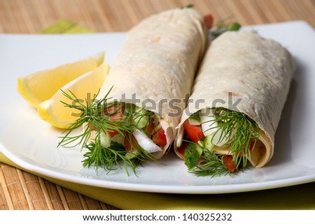 Fresh vegetables in pita bread, close up