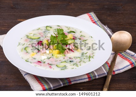 Close-up of russian cold vegetable soup on yogurt (sour-milk) base - okroshka