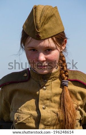KIEV, UKRAINE - MAY 11, 2013 :Unidentified member of Red Star history club wear historical Soviet uniform during historical reenactment of WWII