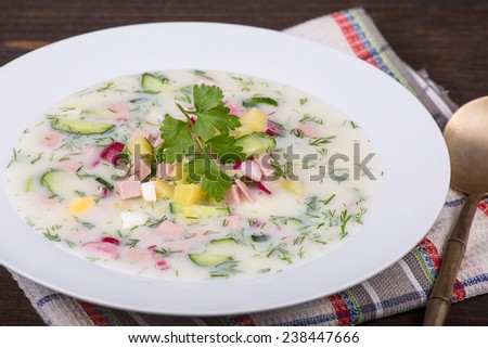 Close-up of russian cold vegetable soup on yogurt, sour-milk base -  okroshka