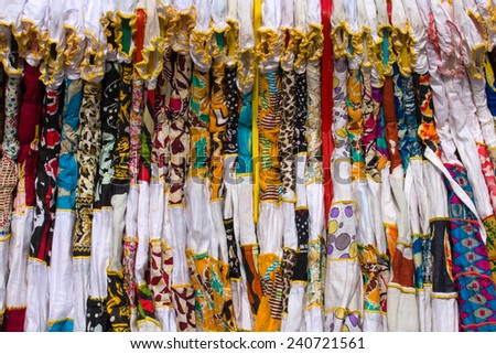 Colorful women clothing in indian market, close up