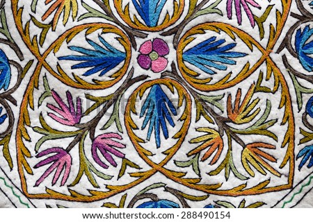 Detail of a Kashmiri carpet patterns. Srinagar, India.  Close up