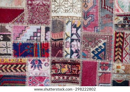 Asian patchwork carpet in Istanbul, Turkey. Close up
