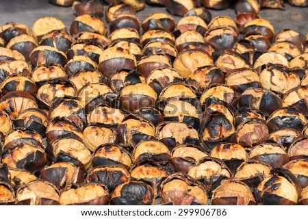 Roasted chestnuts for sale in the street of Istanbul. Turkey . Close up