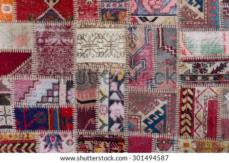 Asian patchwork carpet in Istanbul, Turkey. Close up