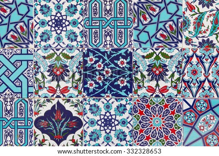 Handmade Turkish Blue Tiles on the wall in Istanbul City, Turkey.  Close up