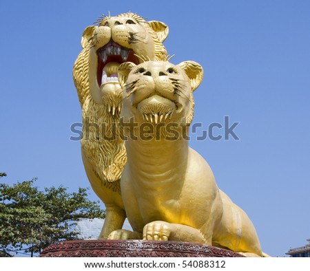 Statue of lion in the main square of the city Sihanoukville, Cambodia.