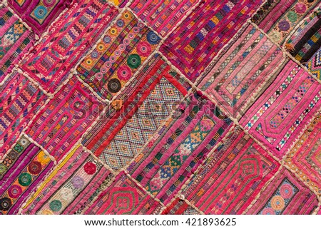 Indian patchwork carpet in Rajasthan, Asia Close up