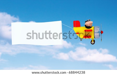 Flying airplane and banner, sky on background