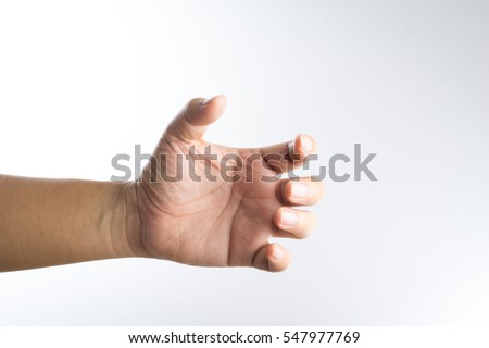 A hand holding something like a bottle on white background