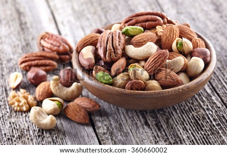 Nuts mix on a wooden background