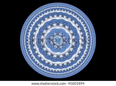 Fractal Design of a multi-layered and beaded dish in shades of Blue and White on a Black background