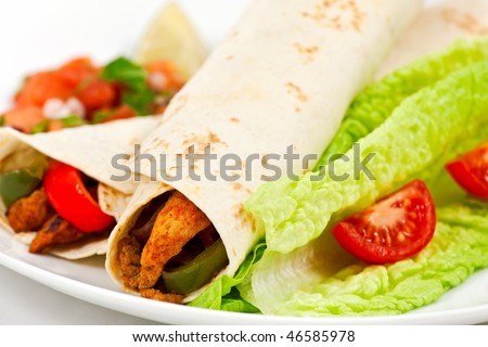 Spicy mexican chicken fajita wraps on a white plate with side serving of spicy salsa, and fresh salad. Photo has short depth of field, and a white background.