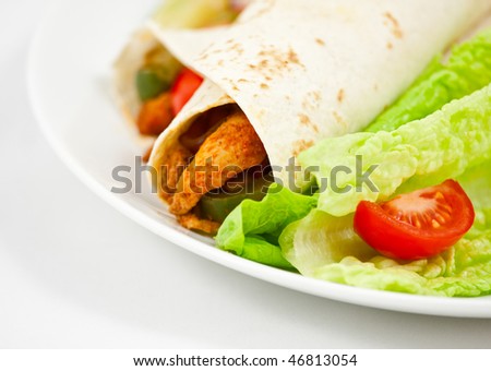 Spicy mexican chicken fajita wraps on a white plate with side serving of spicy salsa, and fresh salad. Photo has short depth of field, and a white background with space for your text.
