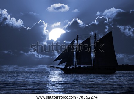 A boat on the moonlit seas. Possible pirate theme.