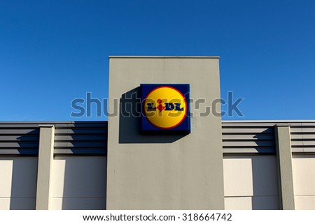 PONTAULT COMBAULT, FRANCE - SEPTEMBER 20, 2015: Logo of the Lidl brand in Pontault Combault, France.  Lidl is present in twenty six countries in Europe with around 9900 stores.
