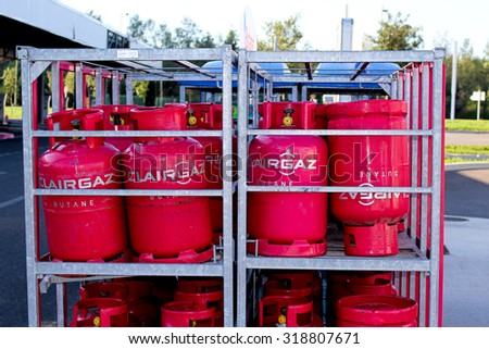 PONTAULT COMBAULT, FRANCE - SEPTEMBER 20, 2015: Gas bottle of Clairgaz brand in Pontault Combault, France. Clairgaz brand gas cylinders are available to customers in the Leclerc brand.