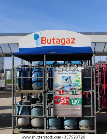 PONTAULT COMBAULT, FRANCE - NOVEMBER 8, 2015: Gas bottle of Butagaz brand in Pontault Combault, France. Butagaz is a French company.