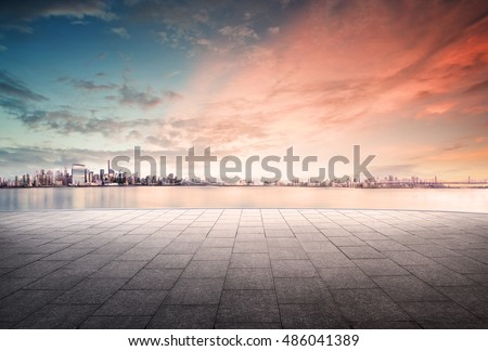 cityscape and skyline of downtown in sunset day on view from empty floor background