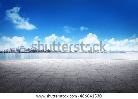 cityscape and skyline of downtown in sunrise day on view from empty floor background