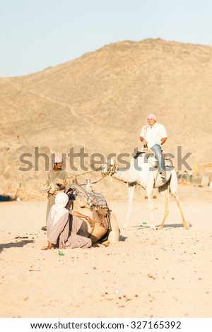 HURGHADA, EGYPT - September 29: Unidentified bedouin with camel resting on desert near Hurghada, September 29, 2011. Camel ride on the desert is one of the main local tourist attraction in Egypt.