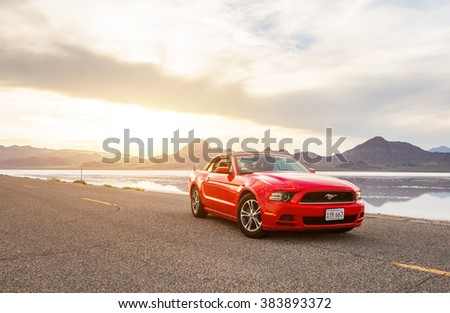 BONNEVILLE ,UTAH, USA JUNE 4, 2015: Photo of a  Ford Mustang Convertible 2012 version at Bonneville Salt Flats,Utah, USA. The fifth generation began with the 2005 model year to 2014.