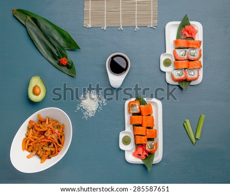 Japanese cuisine, still life on a bue table, template for menu