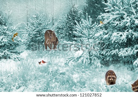 Christmas card design, softly toned, with animals gathering in the meadow eating berries in the winter.
