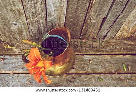 Lily flower in an antique copper vase on a rustic wood backdrop with copy space, wide angle.
