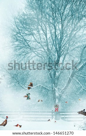 Christmas card design with birds, and other wildlife gathering around a bird feeder during a snow storm.