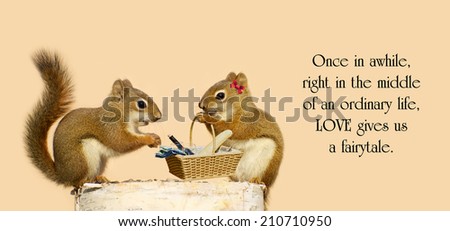 Inspirational quote on life by an unknown author with a pair of squirrels in love with a picnic basket.