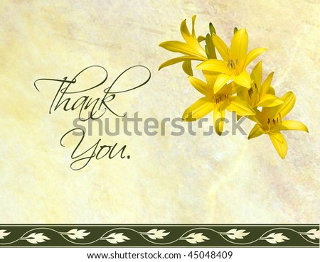Thank you card design with beautiful day lilies on a marble background with a leaf border at the bottom.
