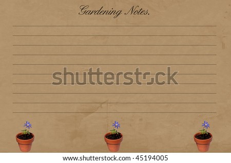 Unique note or gardening journal design with aged paper background  featuring  little clay pots with a purple Spring flower.  The original picture of the flowerpot isolation is in my portfolio.