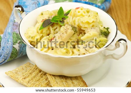 Close up image of a single serving of delicious hot chicken caesar and pasta with broccoli and red peppers in a creamy Parmesan sauce.