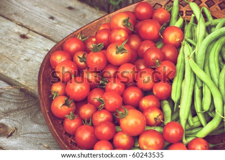 Freshly picked organic cherry tomatoes and green beans on a rustic background.