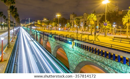 Barcelona, Spain - December 28, 2015: Ronda litoral and Paseig de Colom over the night in Barcelona