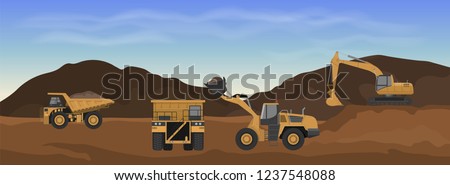 Career machinery. Wheel loader, excavator and dumper in mine. Industrial landscape. Earth work panorama. Vector illustration