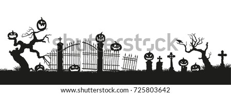 Holiday Halloween. Black silhouettes of pumpkins on the cemetery on white background. Graveyard and broken trees. Vector illustration